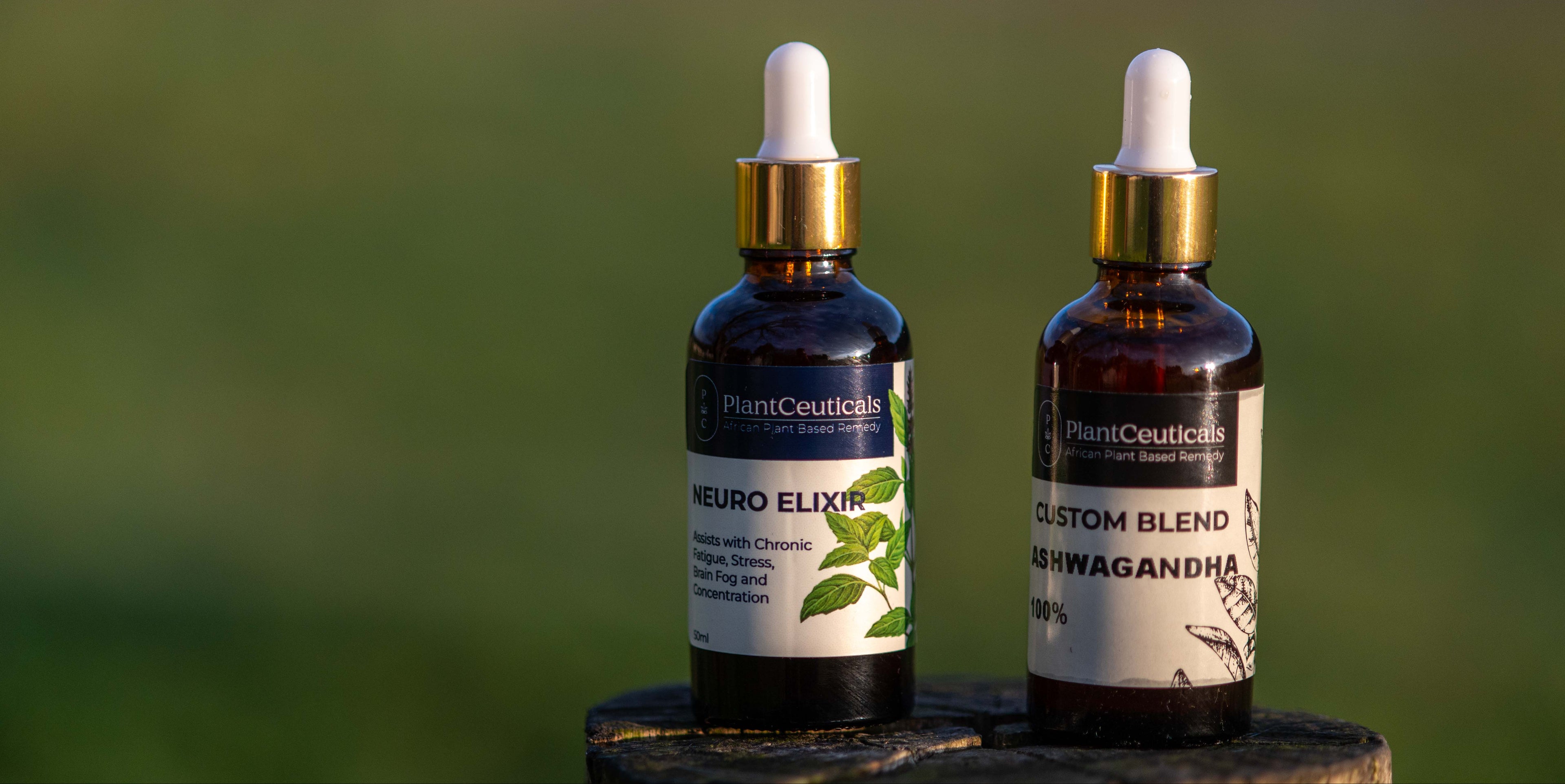 Two dropper bottles labeled 'Neuro Elixir' and 'Custom Blend Ashwagandha' on a wooden surface with a blurred green background.